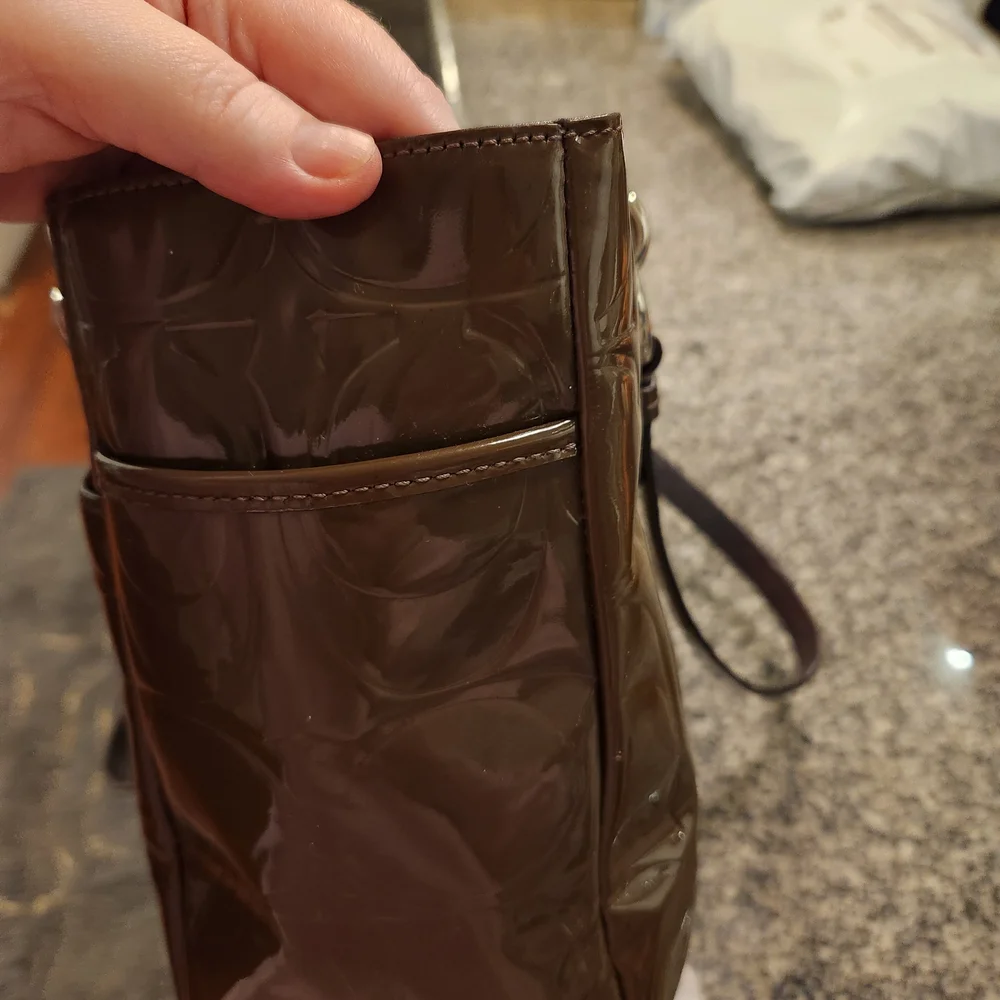 Coach Olive Green Op Art Embossed Patent Leather East West Gallery Tote  Bag - Picture 5 of 16